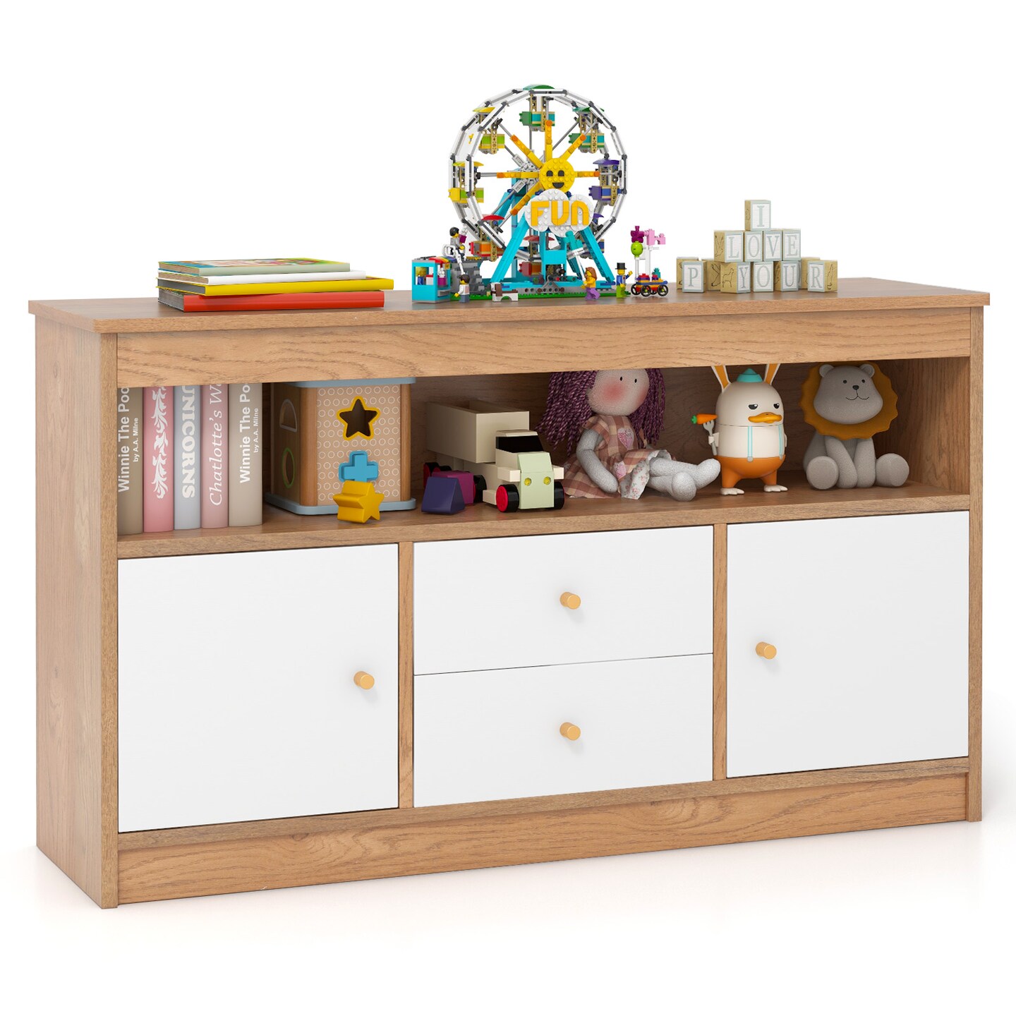 Kids Storage Organizer with Cabinets and Drawers Wooden Toy Shelf for Bedroom or Playroom