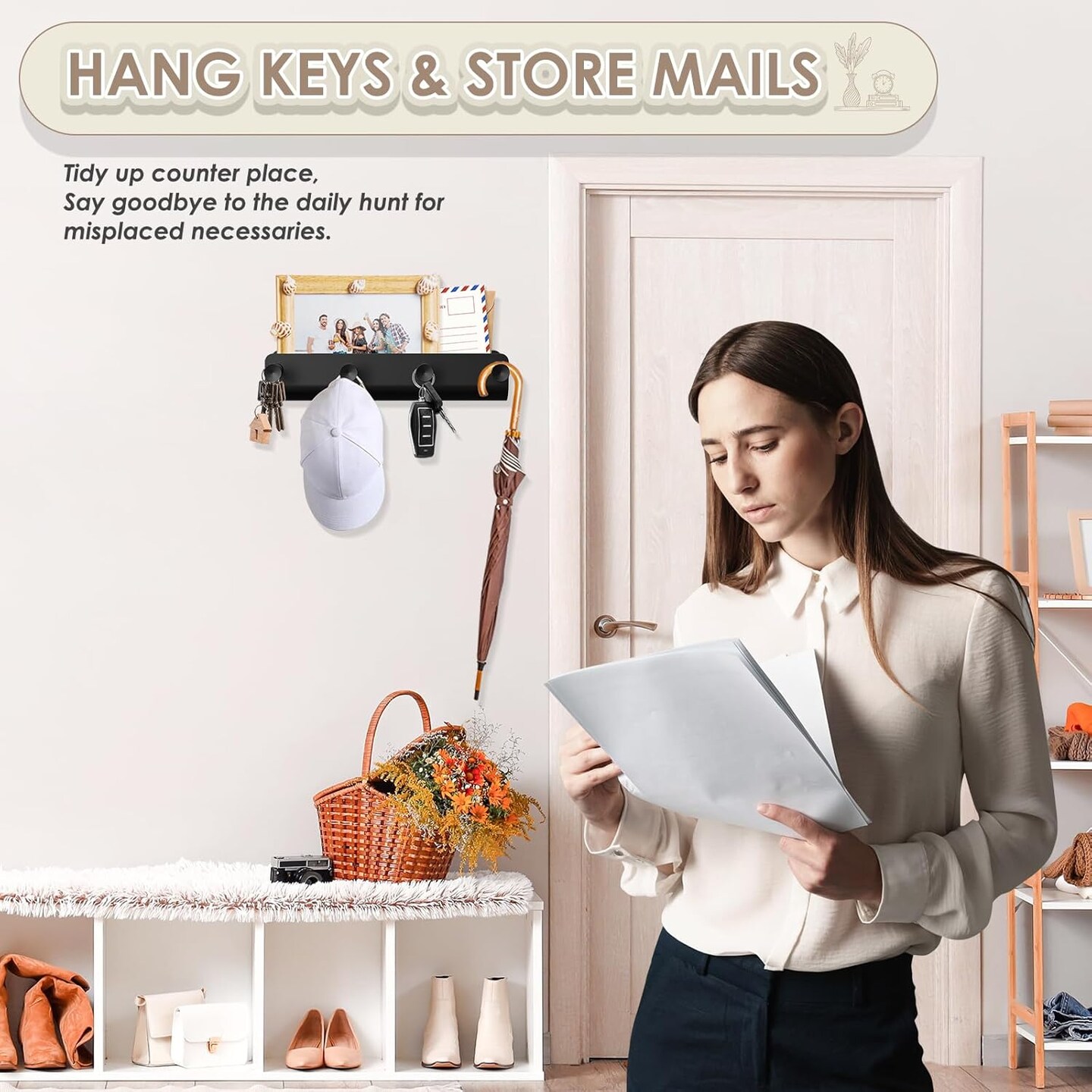 Key Holder Wall Mount, Black Metal Key Rack with Tray Narrow Key Holder with Shelf Key Organizer Wall Key Hanger with 4 Key Hooks for Entryway Doorway Hallway Camper Small