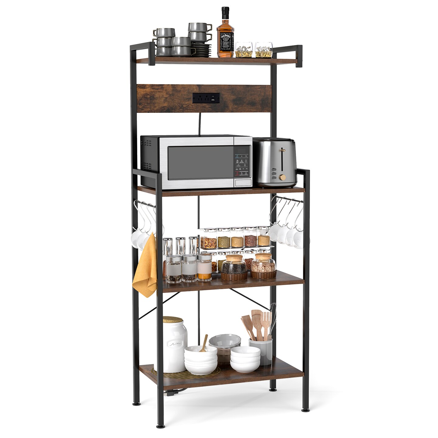 Kitchen Bakers Rack with Power Outlets USB Charging Adjustable Feet and Spacious Display Shelves