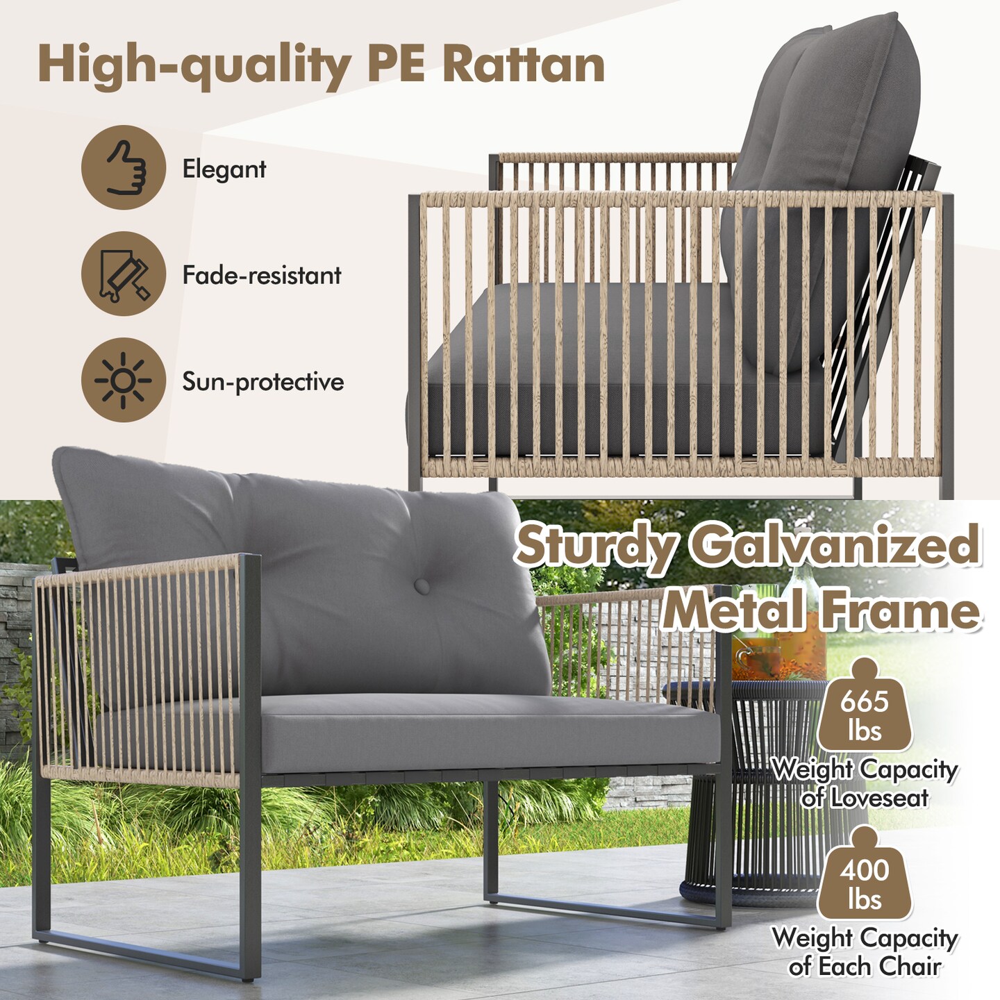 4-Piece Outdoor PE Rattan Patio Set Gray Cushioned Loveseat