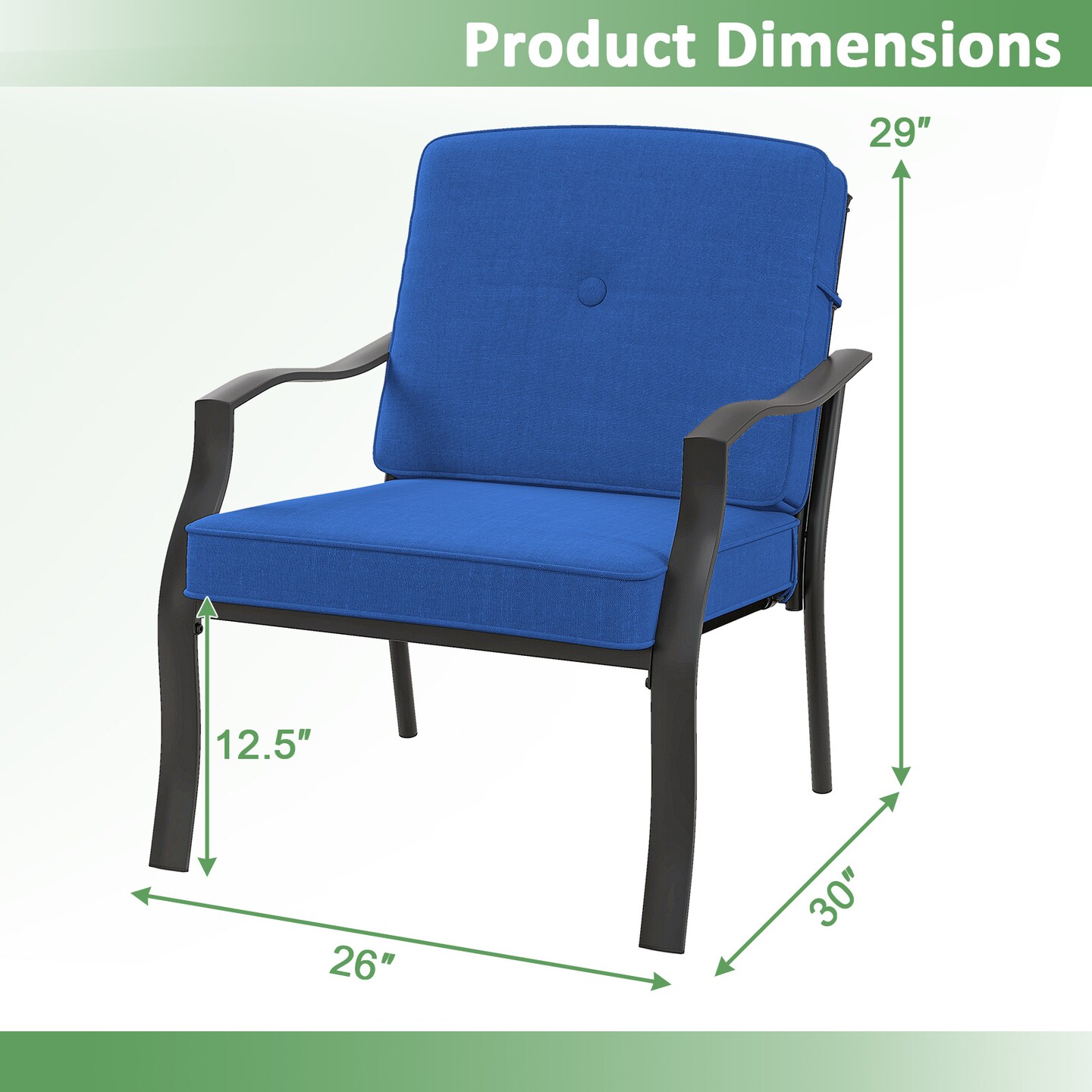 2-Piece Outdoor Patio Metal Chair Set with Cushions Black Frame, Gray Removable Cushions