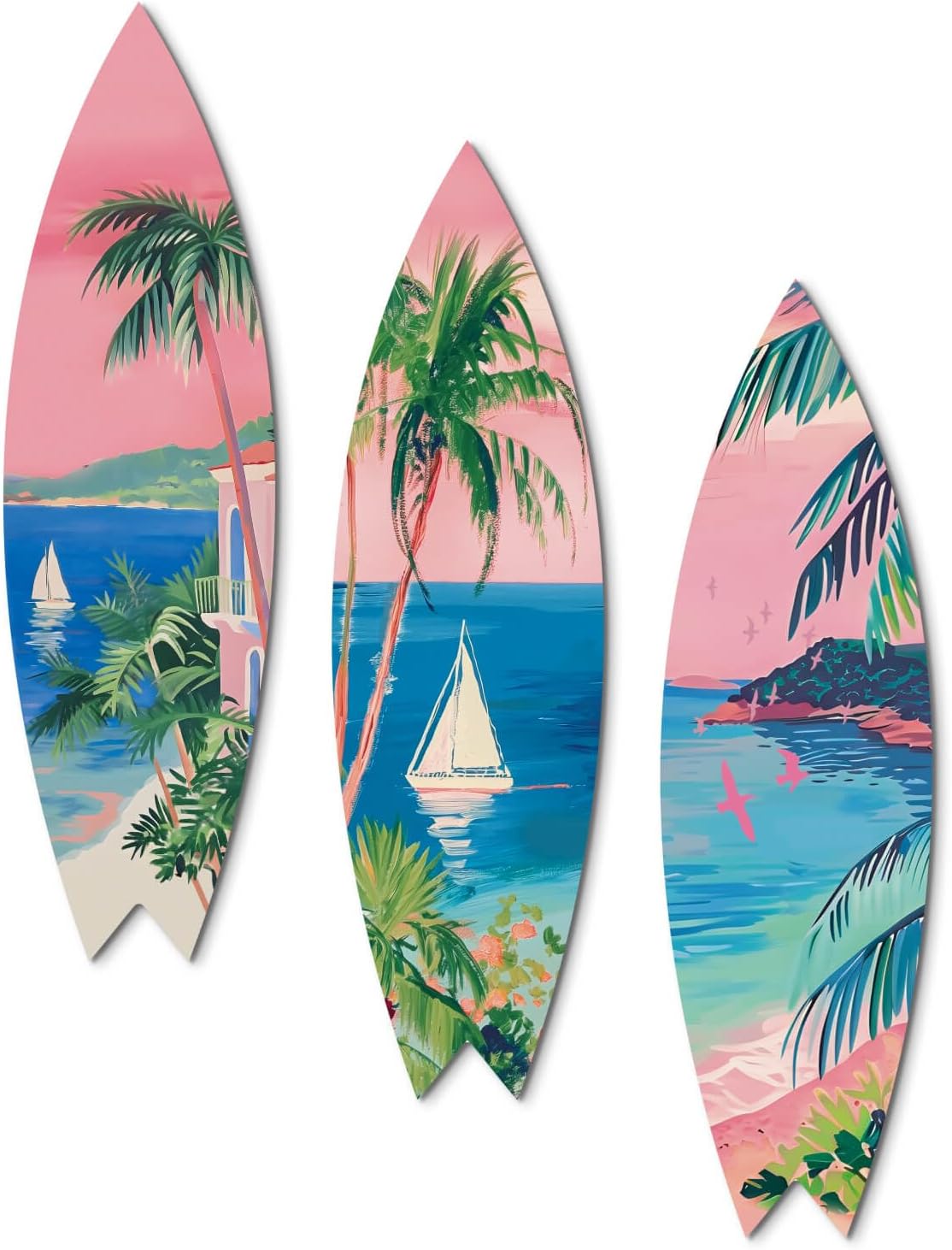 Set of 3 Surfboard Wall Decor with Triangle Hooks, Tropical Coastal Wooden Wall Art with Palm Trees and Sailboats, Beach-Themed Wall Hanging for Home, Office, Patio