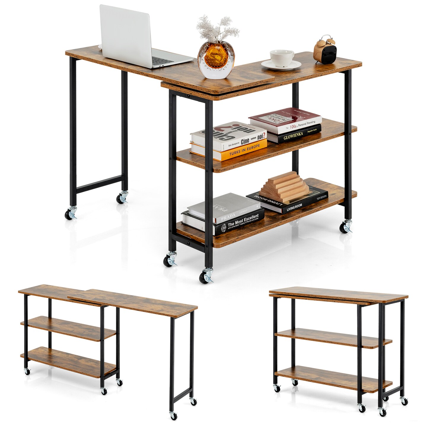 Space-Saving Sofa Side Table with Rotating Top 2 Open Shelves and 6 Locking Casters for Home Office