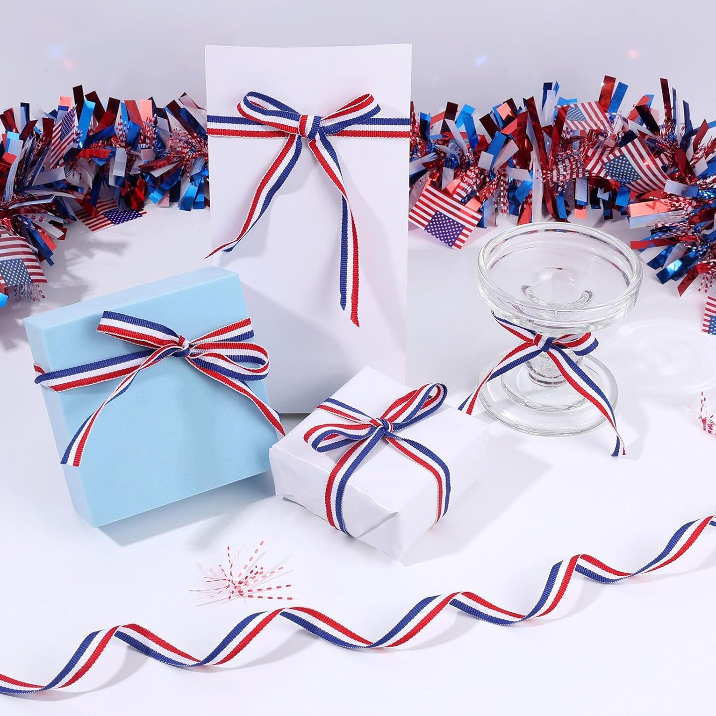 Red White Blue Ribbon, 3/8inch 50 Yards Striped Grosgrain Ribbon for Gift Wrapping Craft Hair Accessories 4th of July Decorations Memorial Day Decorations