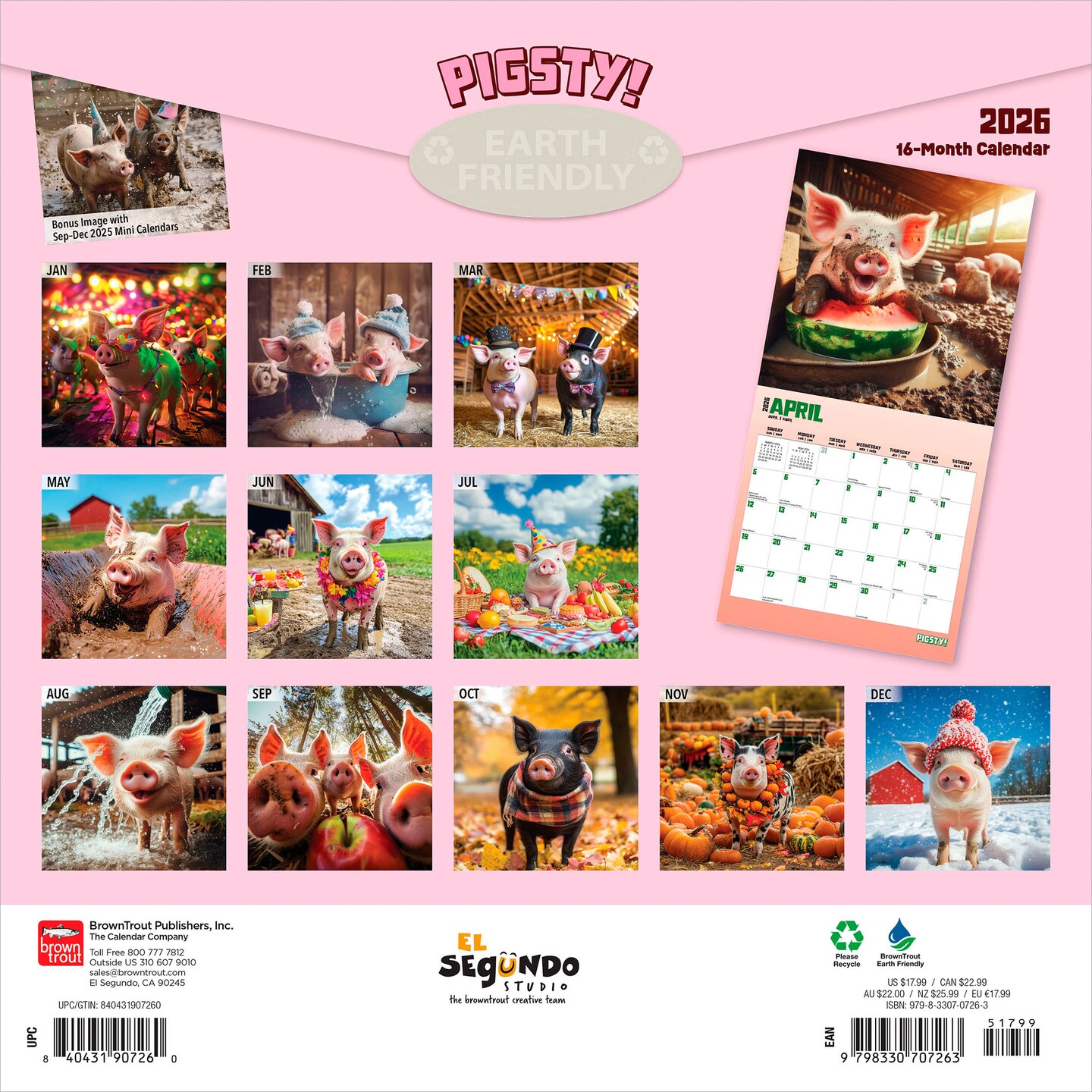 Pigsty | 2026 12 x 24 Inch (Hanging) Monthly Square Wall Calendar | Plastic-Free | BrownTrout | Domestic Pet Farm Animals