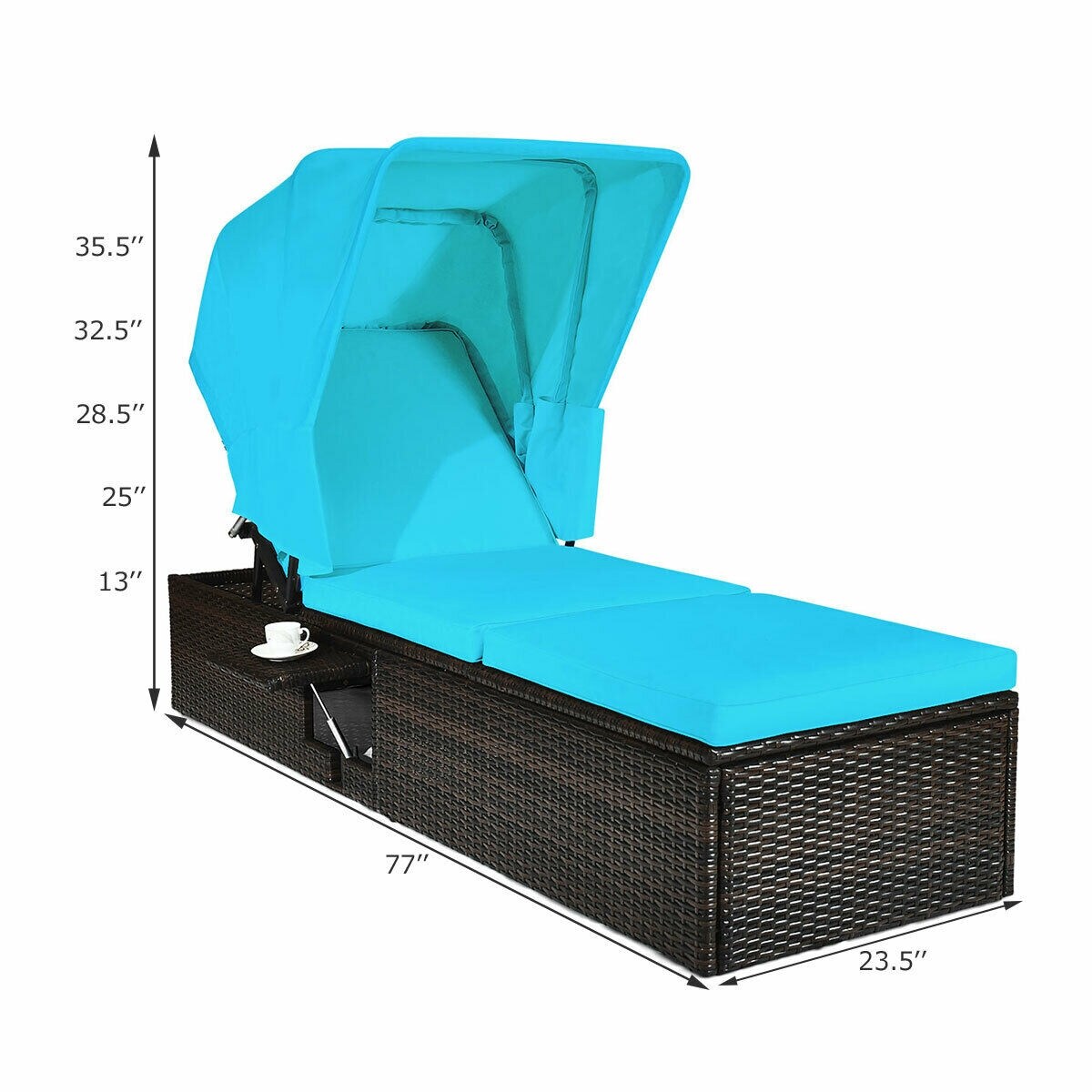Turquoise Outdoor Wicker Chaise Cushioned Lounge with 5-Position Adjustable Backrest and Canopy