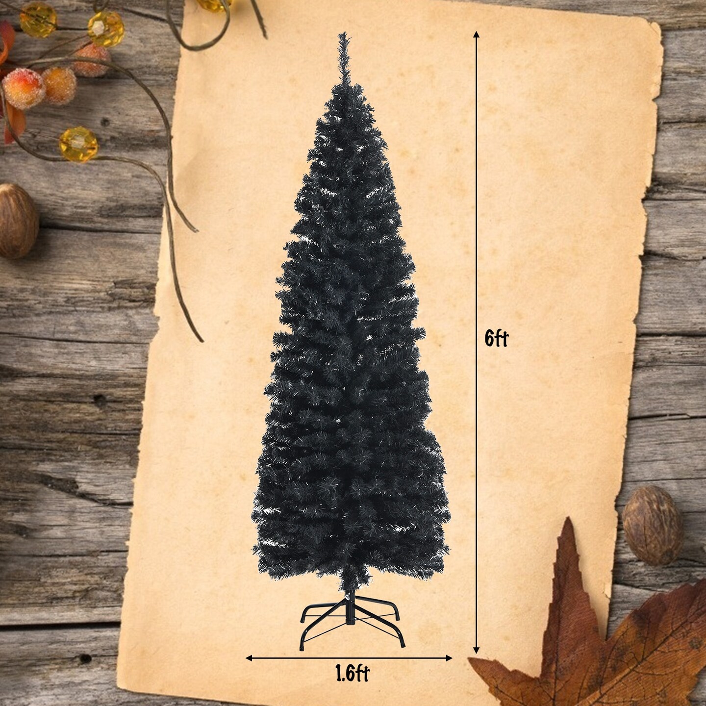 Slim 6 Ft Black Halloween Christmas Tree Pencil Style with 520 Tips and Iron Stand for Holiday Decor