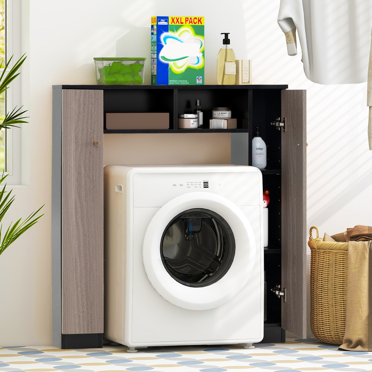 Black Engineered Wood Over-Toilet Storage Cabinet with Adjustable Shelves