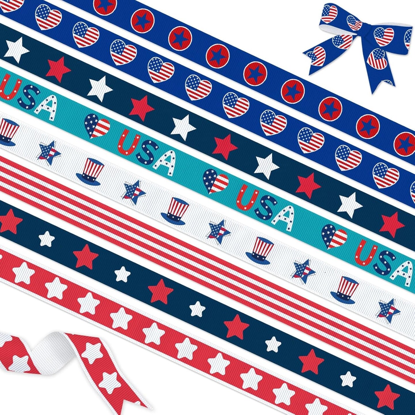 Patriotic Grosgrain Ribbon, 8 Pack (3/8 Inch x 3 Yards Each), American Flag Ribbon, USA Stars Stripes Heart Pattern Ribbons for 4th of July