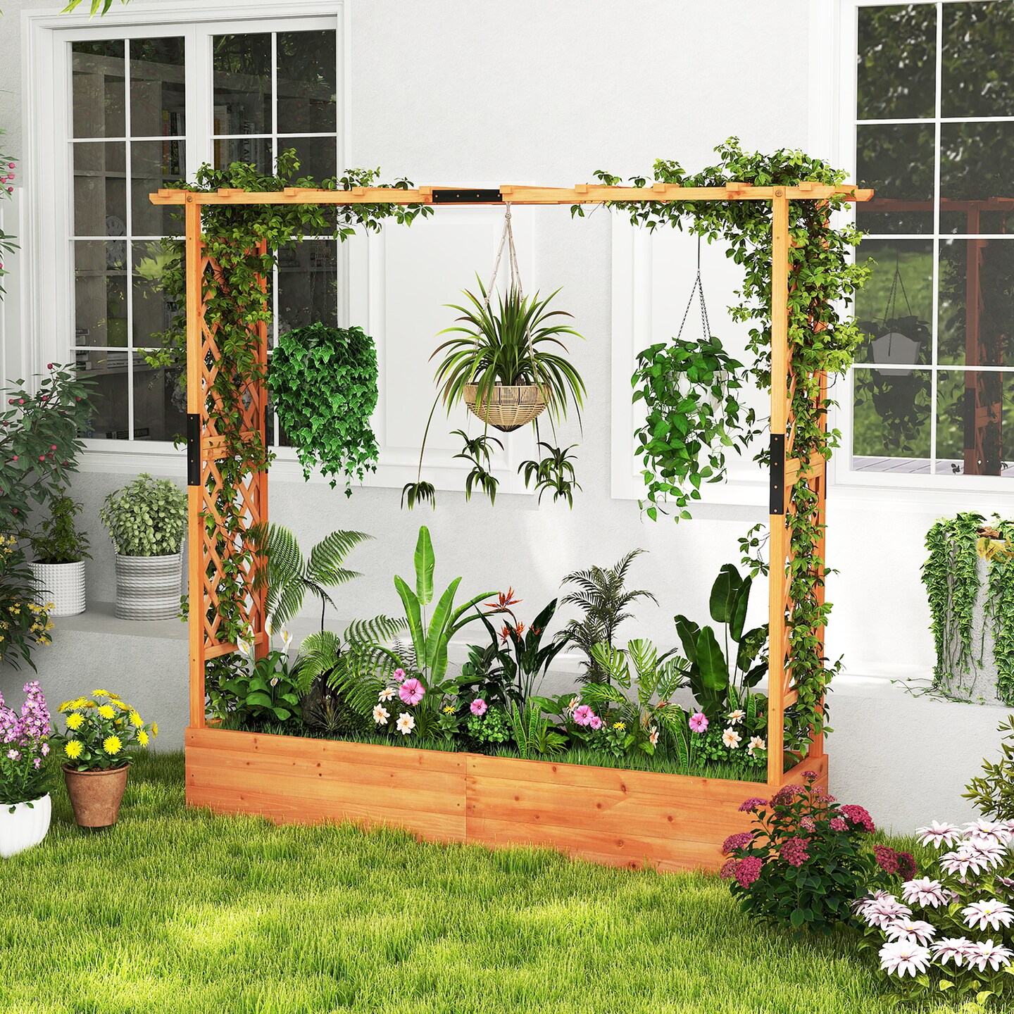 77-Inch Outdoor Wooden Raised Planter Box with Trellis and Drainage Vertical Garden Bed Frame