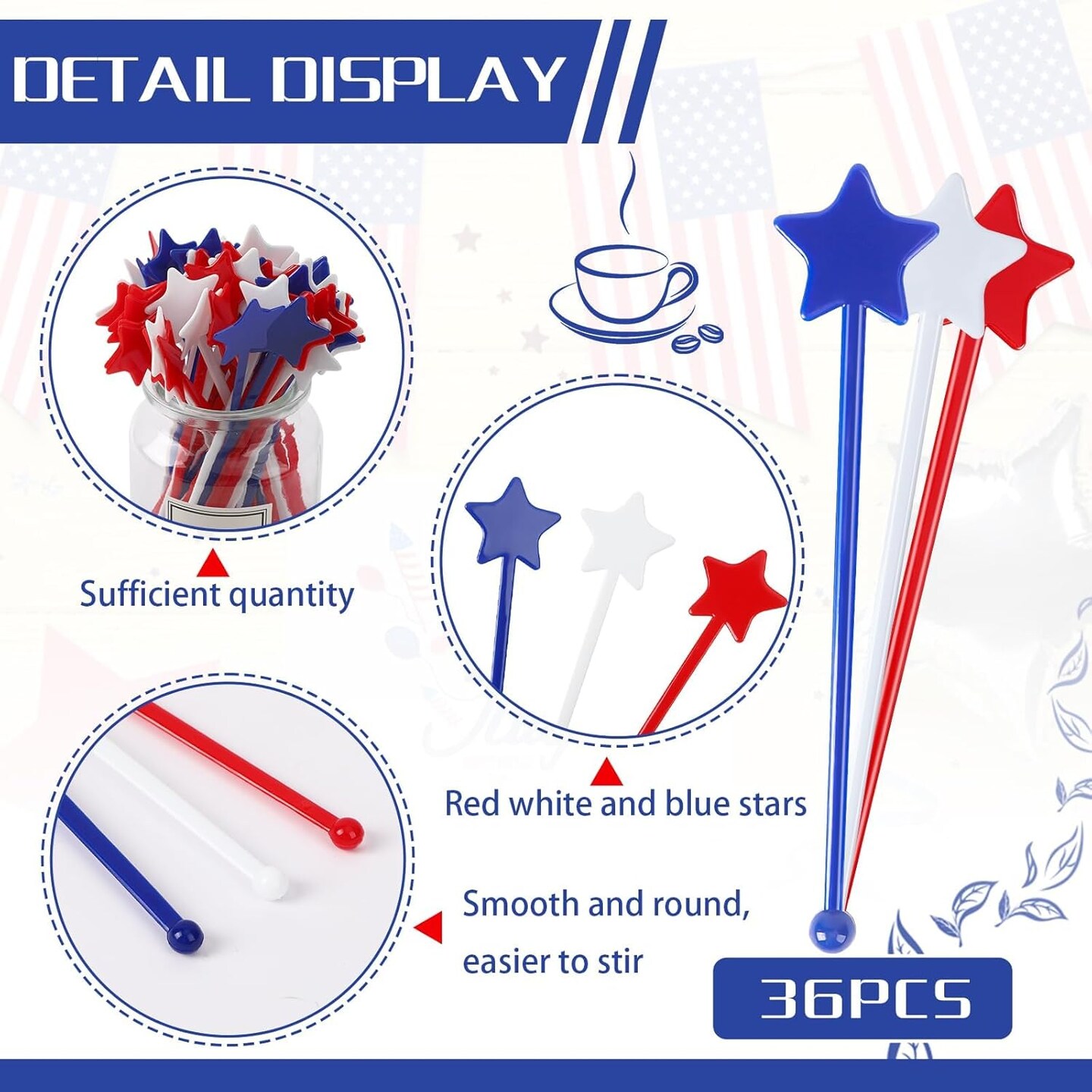 36 Pcs 4th of July Patriotic Cocktail Stirrers, Red White and Blue Drink Stirrers Plastic Swizzle Sticks Reusable Coffee Stirrers Stir Sticks for Fourth of July Independence Day Party Supplies