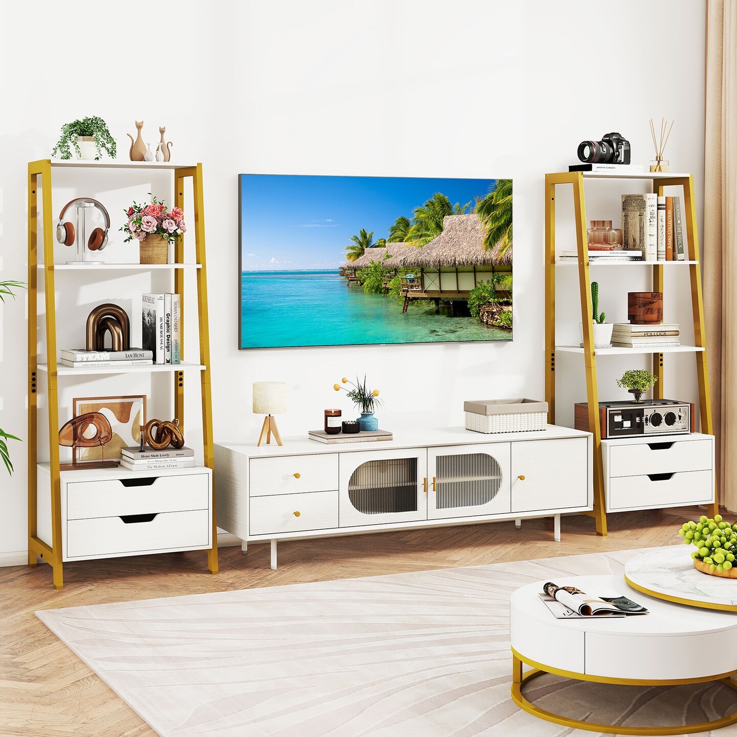 Modern 4-Shelf Ladder Bookcase with Drawers and Sturdy Metal Frame for Living Room or Kitchen