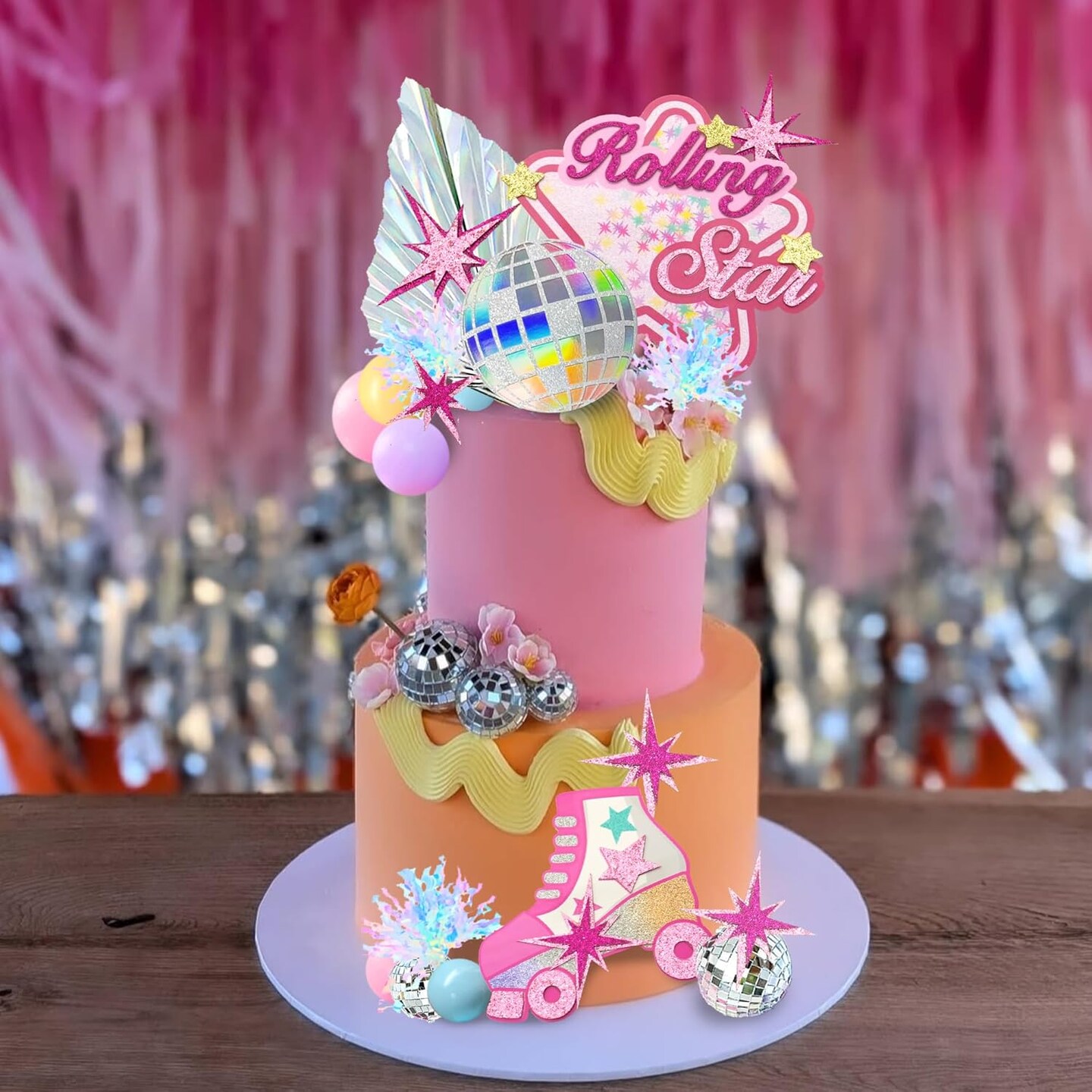 Roller Skate Cake Topper Disco Ball Cake Toppers Pastel Ball Cake Decorations Hot Pink Stars for Girls 80s 90s Skating Hip Hop Theme Rolling Party Decorations