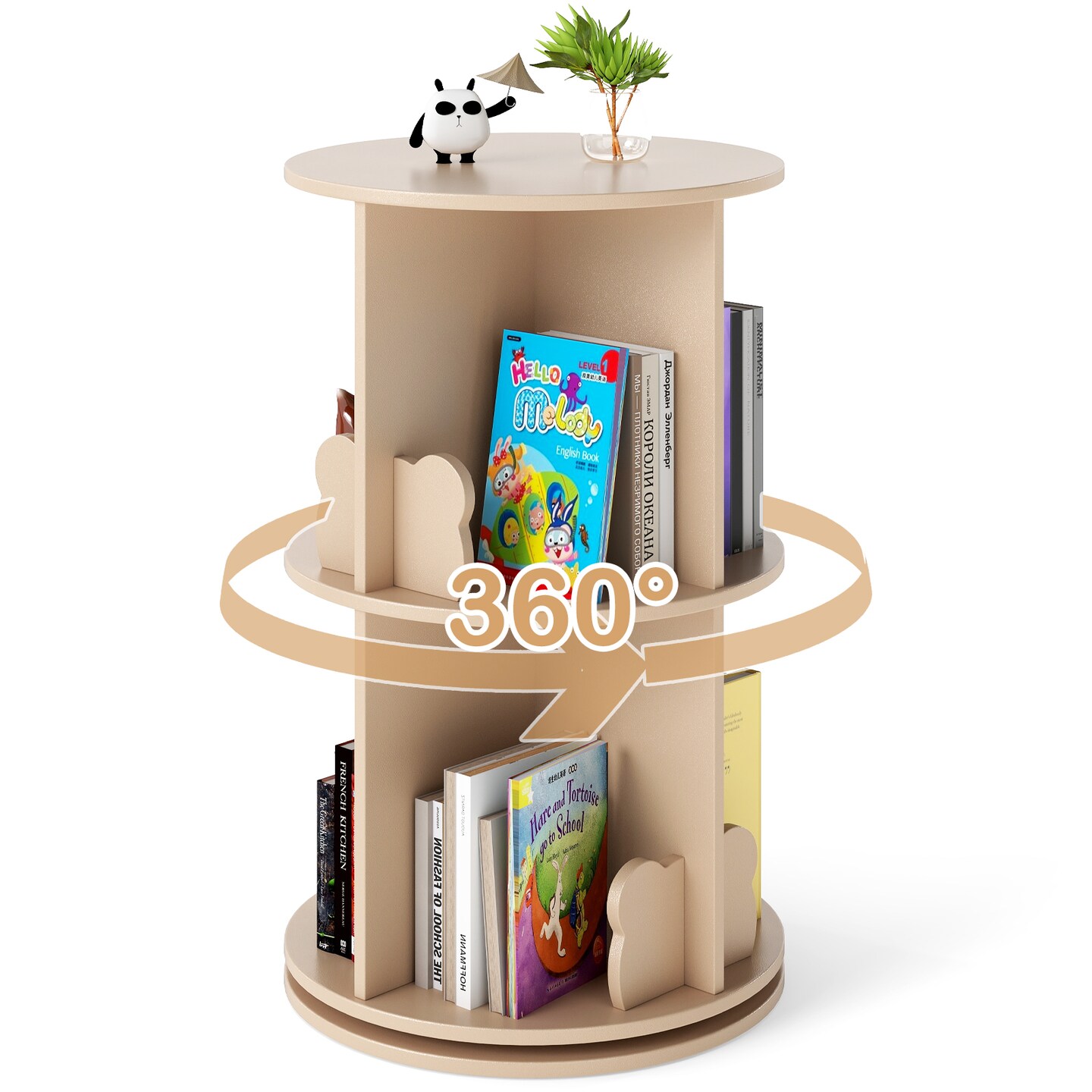 2 Tier Rotating Kids Bookshelf Storage Rack with Bear Baffles and 8 Slots
