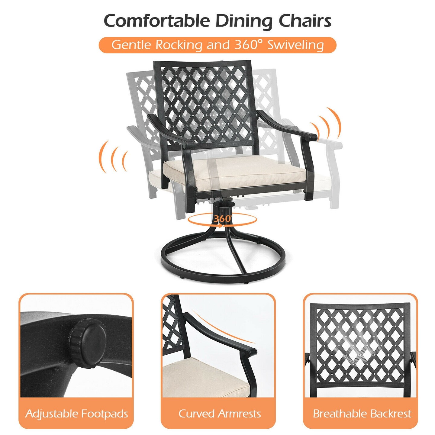 Set of 2 Beige Swivel Rocking Outdoor Chairs with Heavy-Duty Steel Frame and Removable Cushions