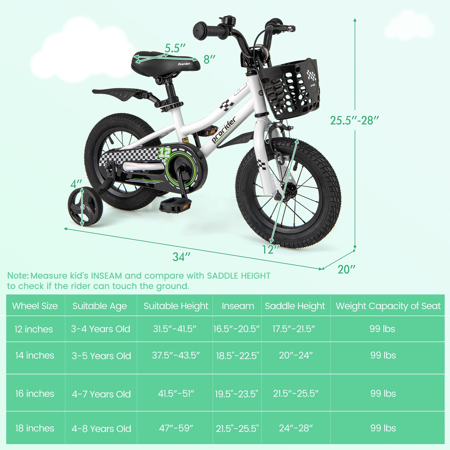 12 Inch Kids Bike for Ages 3-4 with Adjustable Seat and Training Wheels