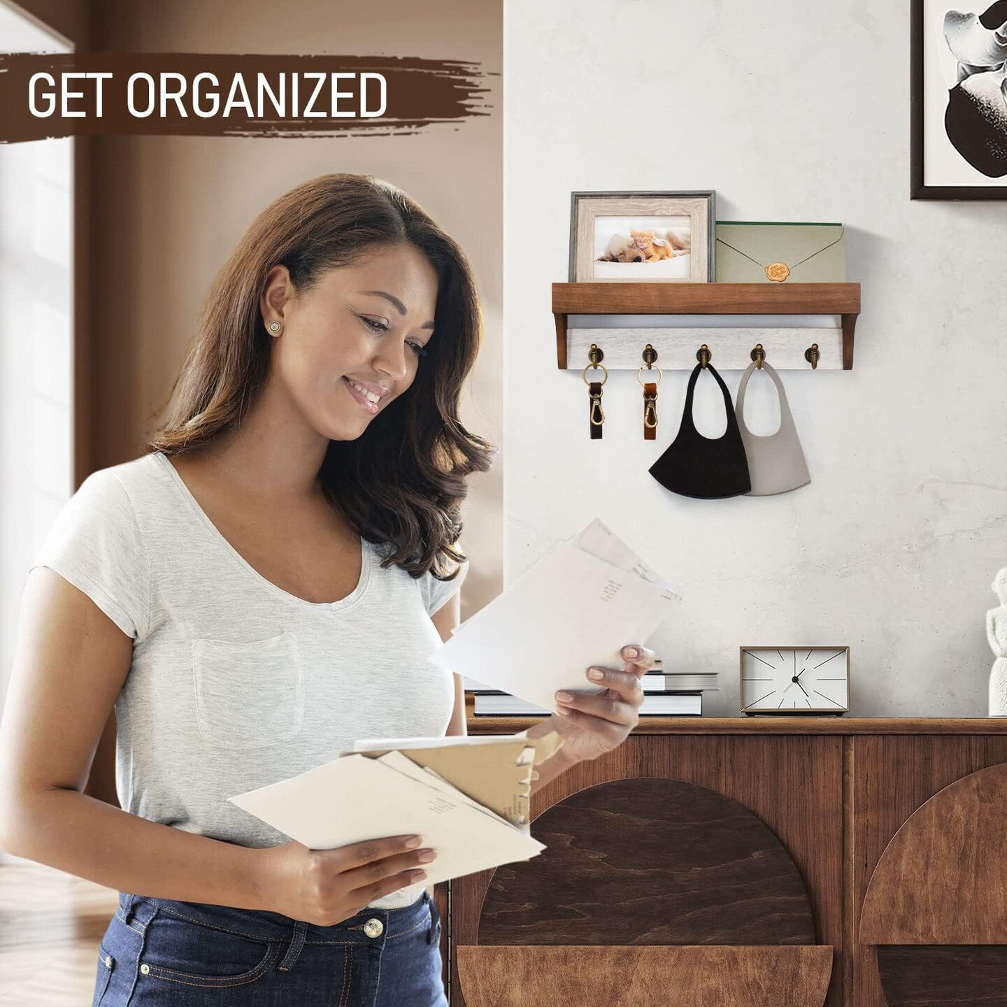 Key Holder for Wall with Shelf - Farmhouse 2-Color Key Rack with 5 Retro Keys Hooks and Primitive Wood Mail Organizer Wall Mount - Decorative Rustic Home Decor (Brown & White)