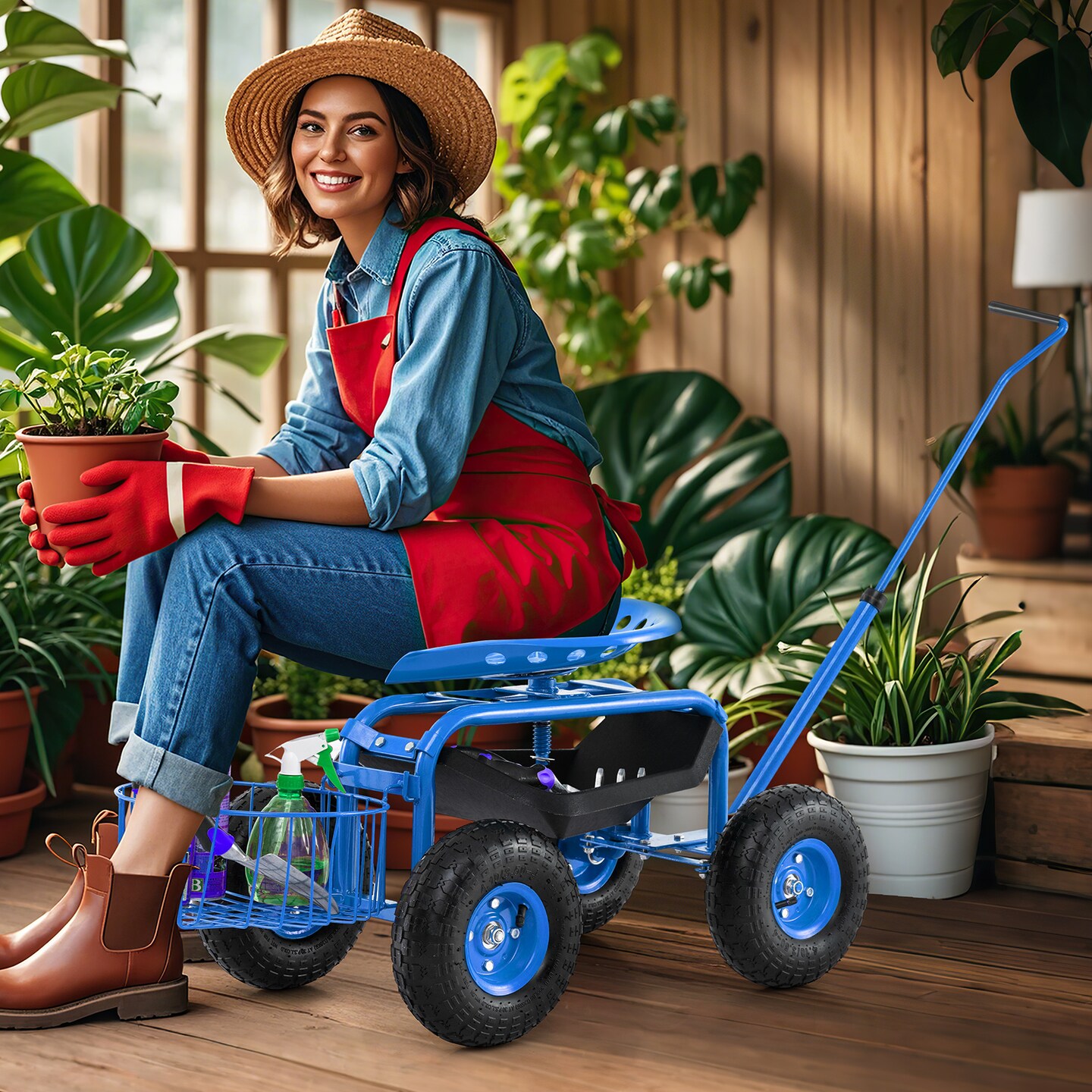 Outdoor Garden Cart with Comfortable Ergonomic Seat and Extendable Handle Mesh Basket and Tool Storage