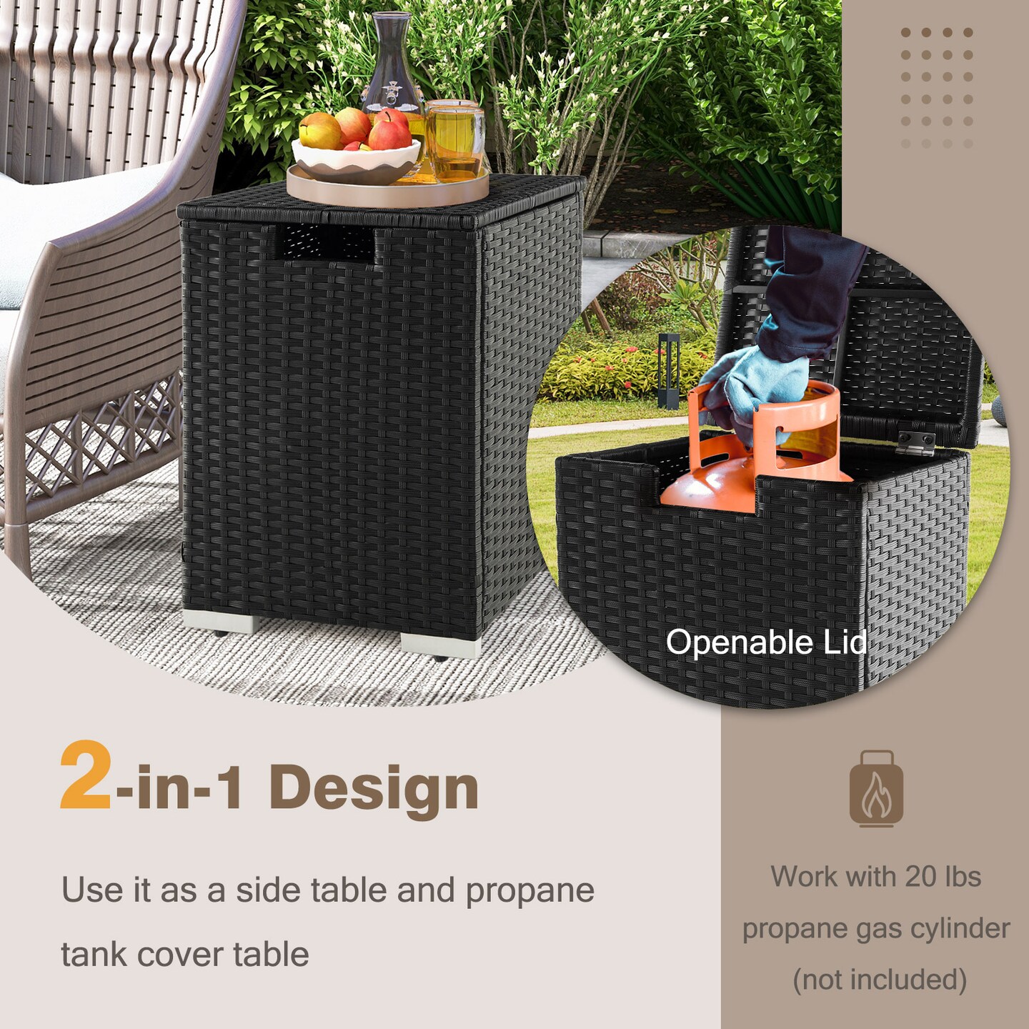 2-in-1 Multi-functional PE Wicker Propane Tank Cover Table with Metal Frame and Adjustable Foot pads