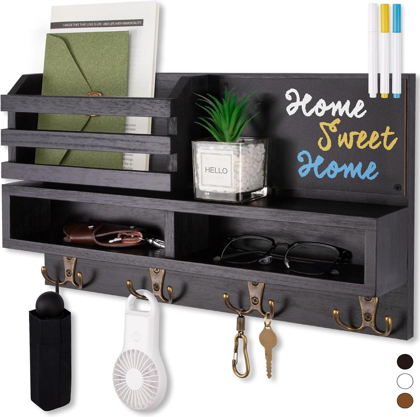 Wall-Mounted Key and Mail Organizer with Shelf & Chalkboard – Rustic Paulownia Wood Entryway Storage with 4 Double Hooks, Mail Slot, and 3 Liquid Chalks (Black, 15.98”W x 9.1”H x 3.3”D)