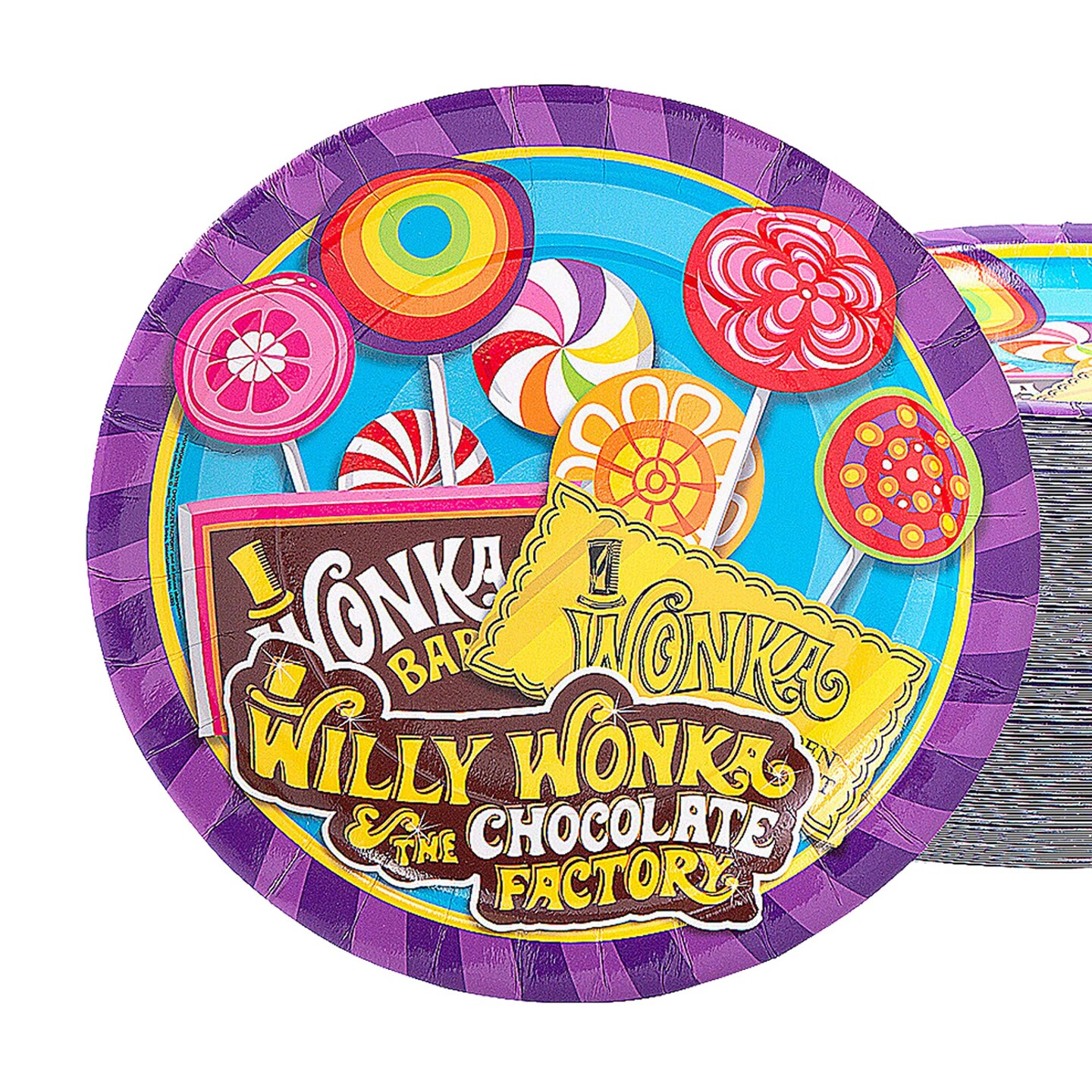 96 Pack 9&#x22; Willy Wonka Paper Plates Candy Theme Birthday Party Supplies