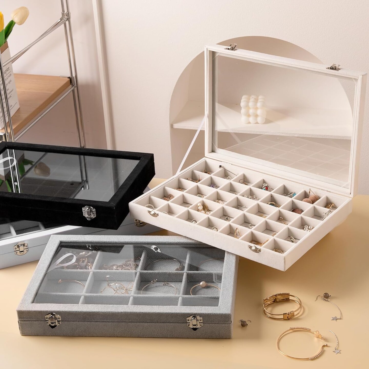 Velvet Jewelry Tray,35 Grid Jewelry Organizer with Clear Lid,Earring Holder Organizer Case with Clasp,Drawer Insert for Rings Studs,13.8 x 9.5 x 2 Inches,Gift for Women Girls(Beige)
