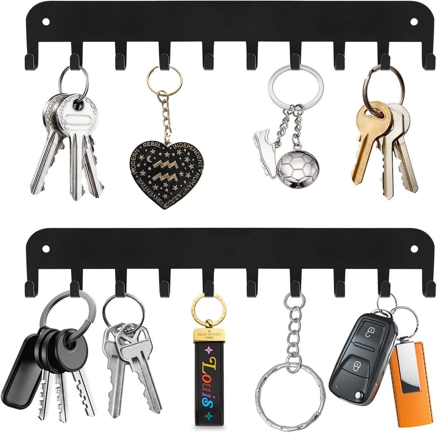 2 Pack Key Holder Wall Mount, 10 Hooks Car Key Holder for Wall, No Drilling Required, Key Rack Adhesive, Keys Hanger on Wall, Key Rack Wall Mount for Entryway, Living Room, Hallway (Black)