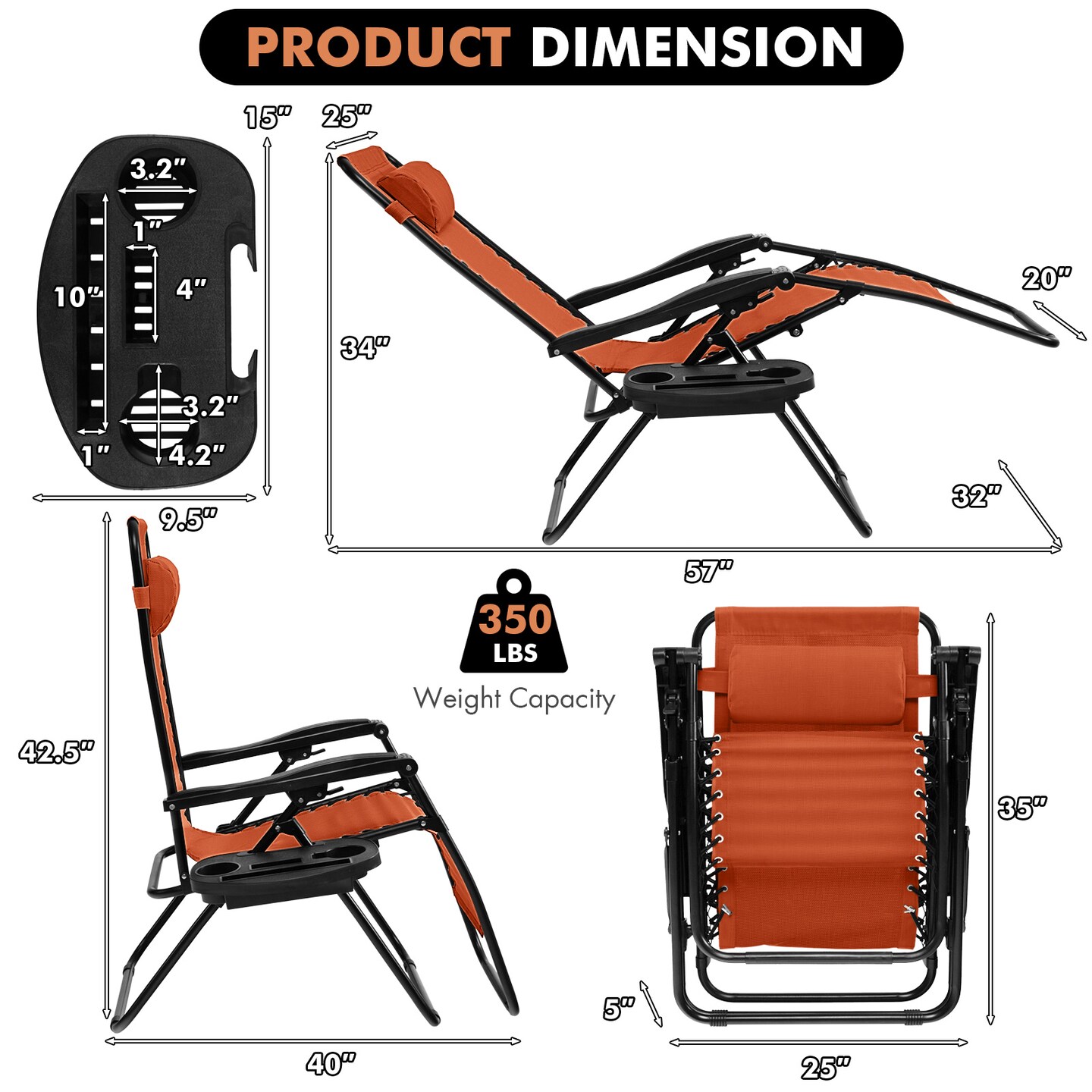 Adjustable Folding Recliner Chair with Cup Holder Tray and Sturdy Aluminum Frame for Indoor or Outdoor Use