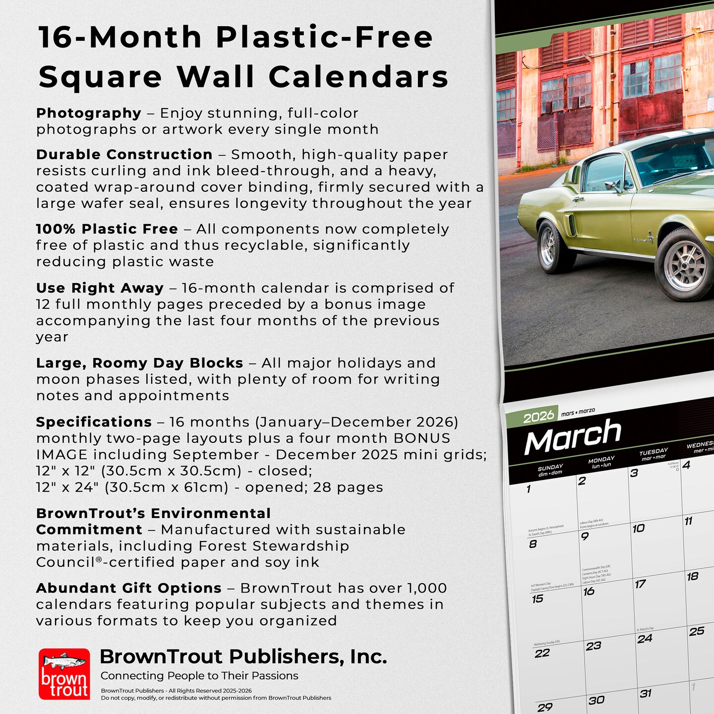Ford Mustang OFFICIAL | 2026 12 x 24 Inch (Hanging) Monthly Square Wall Calendar | Foil Stamped Cover | Plastic-Free | BrownTrout | Motor Muscle Car