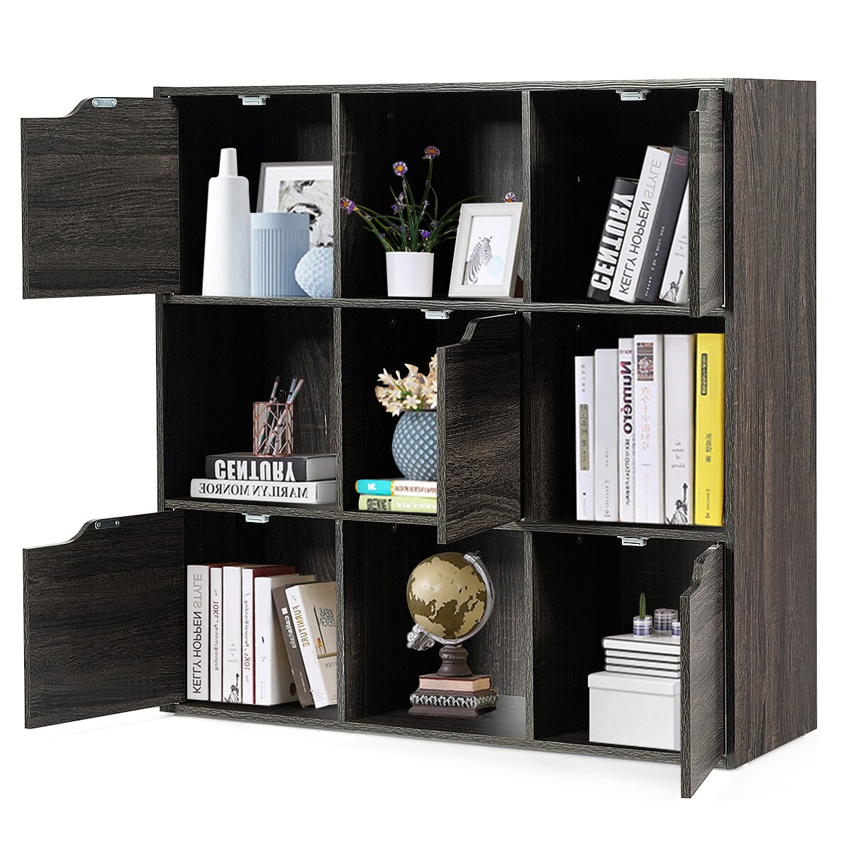 3-Tier Grey Chipboard Space-Saving 9-Cube Bookcase with Enclosed Doors for Home or Office