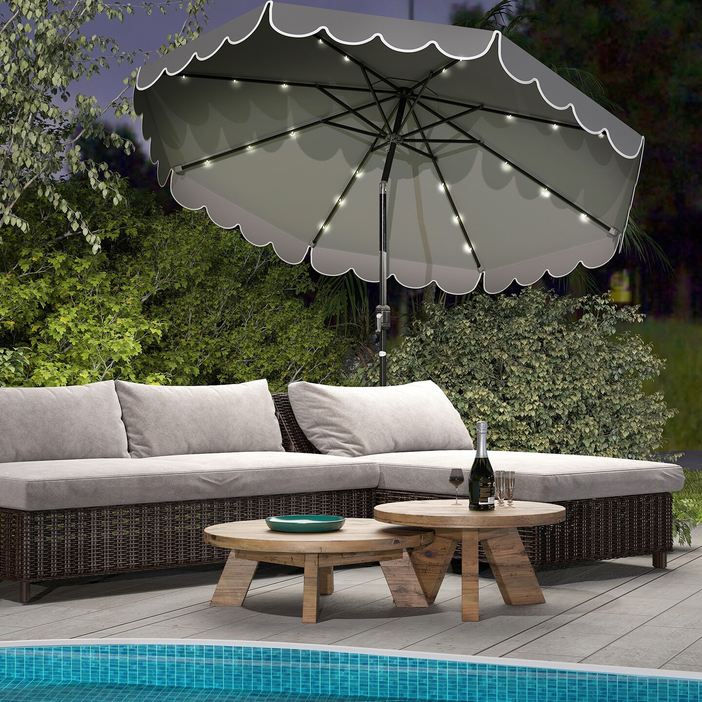 Polyester Auto-Tilt Solar Patio Umbrella with LED Lights and 10x8.3 ft Shade