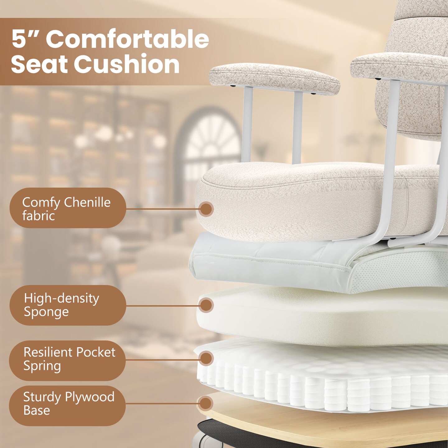 Beige Leatherier Upholstered Office Chair with Cushion, Rocking and Swivel