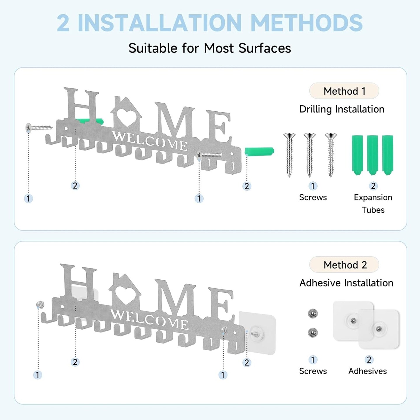Key Holder Wall Mount, Metal Adhesive Key Hanger with 10 Hooks, 2 Installation Methods, Silver