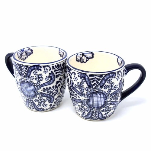 Set of 2 Ceramic Blue Rounded Mugs with Blue Flowers Pattern Pottery Style Dishwasher Safe