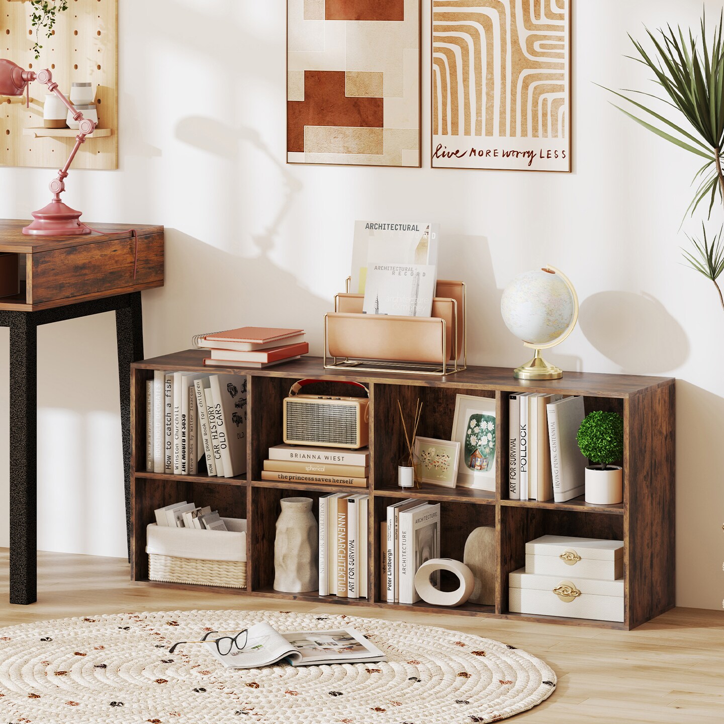 48” Wide Rustic Brown 8-Cube Storage Organizer Shelf for Living Room Bedroom or Office