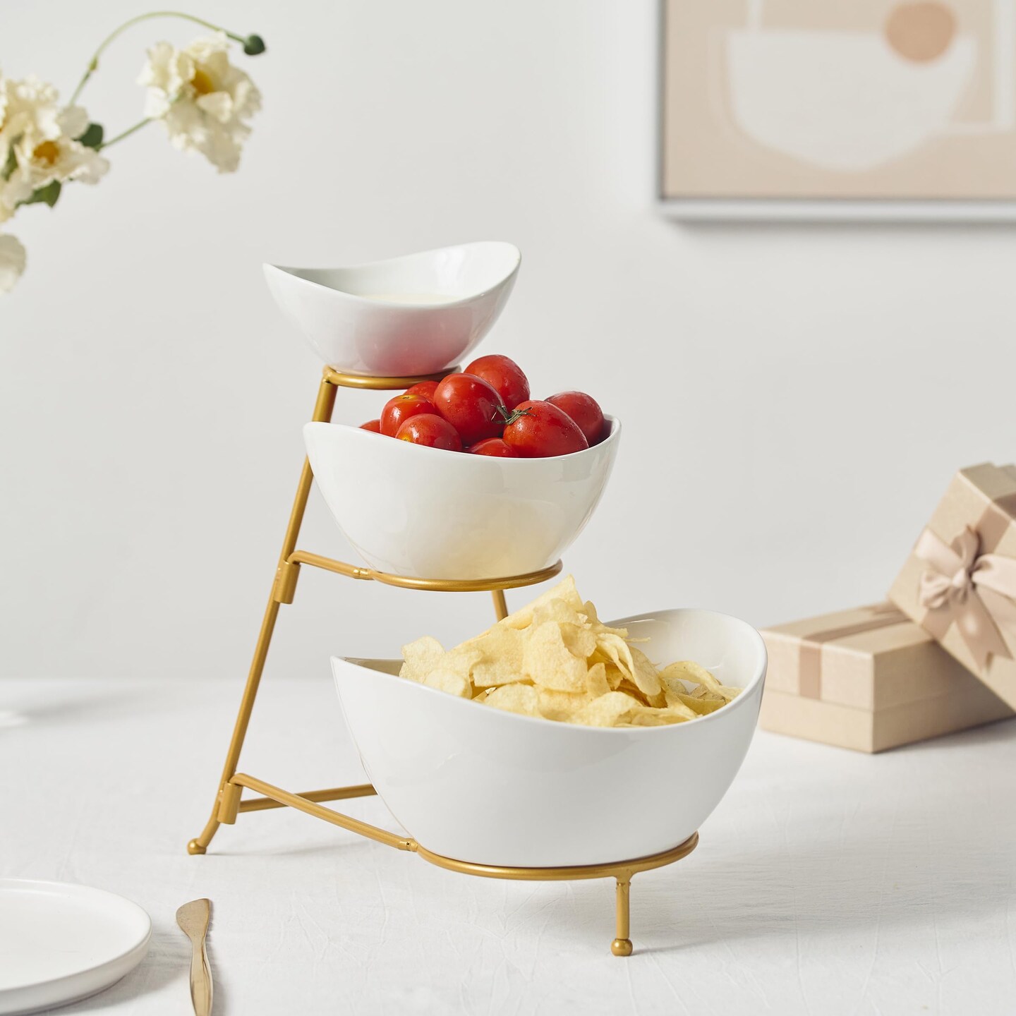 3 Tiered Oval Serving Bowl With Collapsible Metal Rack, Chip and Dip Serving Set, Dessert Appetizer, Candy, Fruit, Vegetable Bowl Set, White Serving Bowls For Entertaining(Gold Stand)