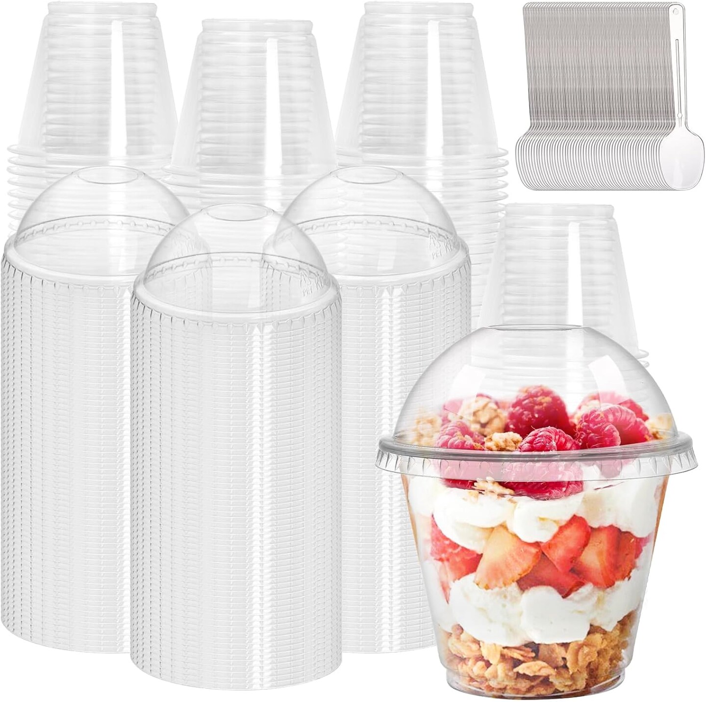 100 Pack 9 Oz Clear Plastic Cup with Dome Lid and Spoon, Disposable Crystal Dessrt Parfait Cup Bulk Party Cup Fruit Container for Fruit, Puddings, Dessert, Cold Drinks, Ice Cream