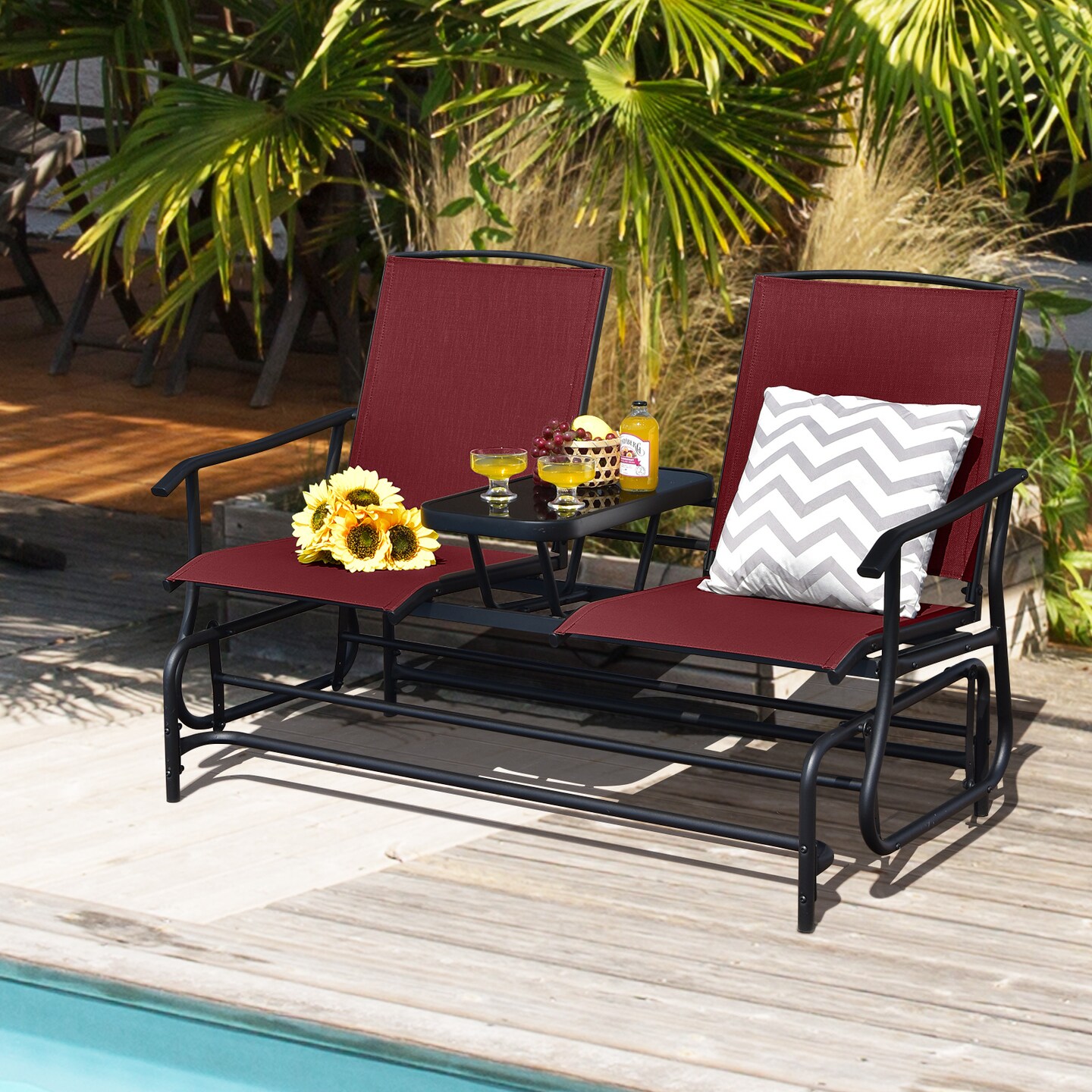 Comfortable 2-Person Double Rocking Loveseat with Glass Table and Armrests