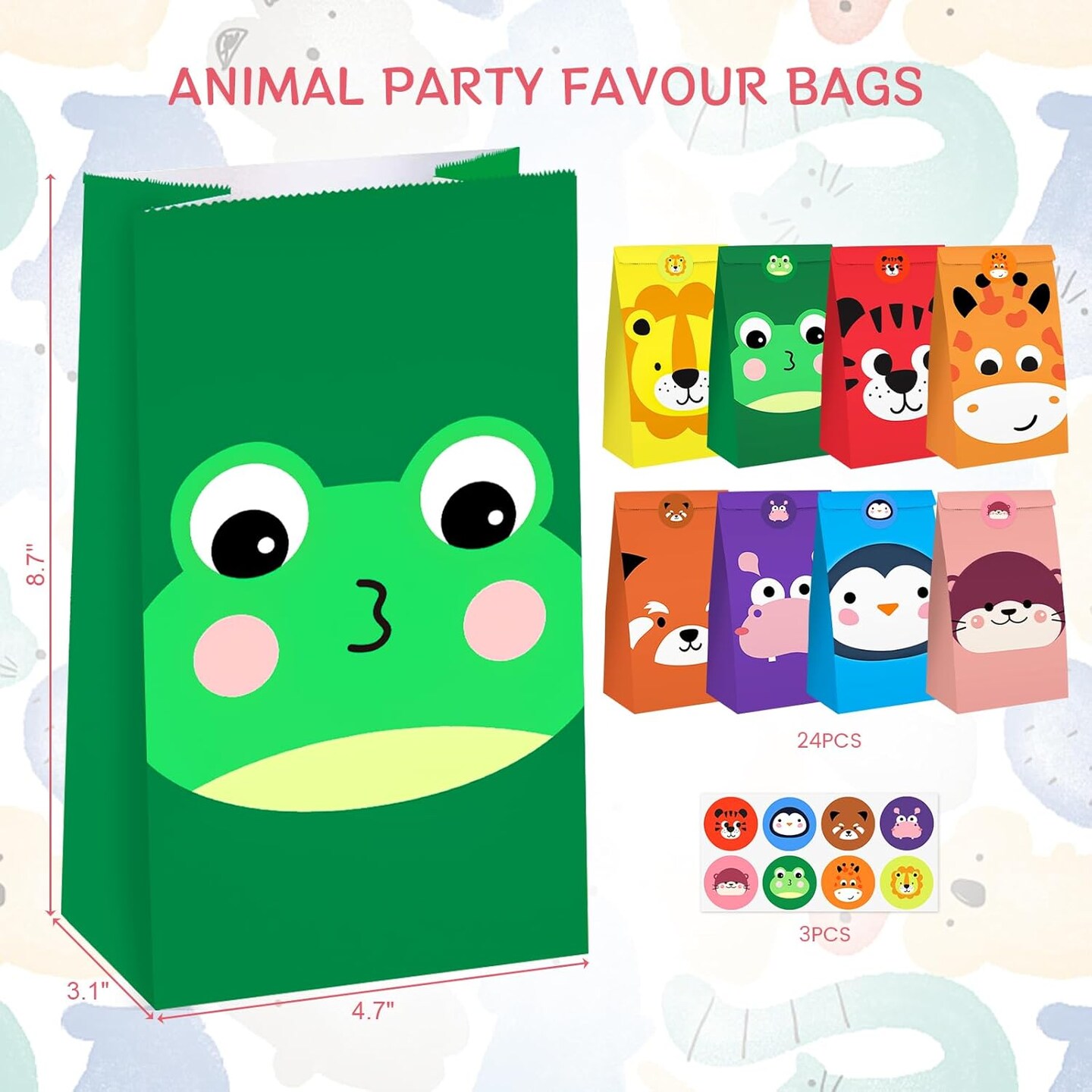 24 Pack Party Favor Bags with Stickers, 4.7&#x22;x 3.1&#x22;x 8.7&#x22; Animal Paper Treat Bags for Kids Birthdays Classroom Rewards Goodie Gift Supplies
