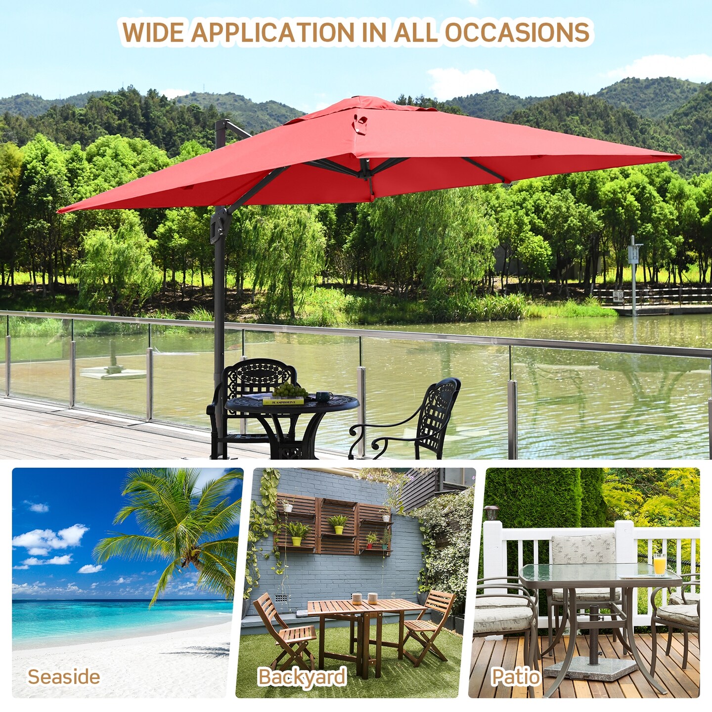 10x10 Feet Orange Polyester Outdoor Cantilever Umbrella with Aluminum Frame and Tilt Function Rust-Free
