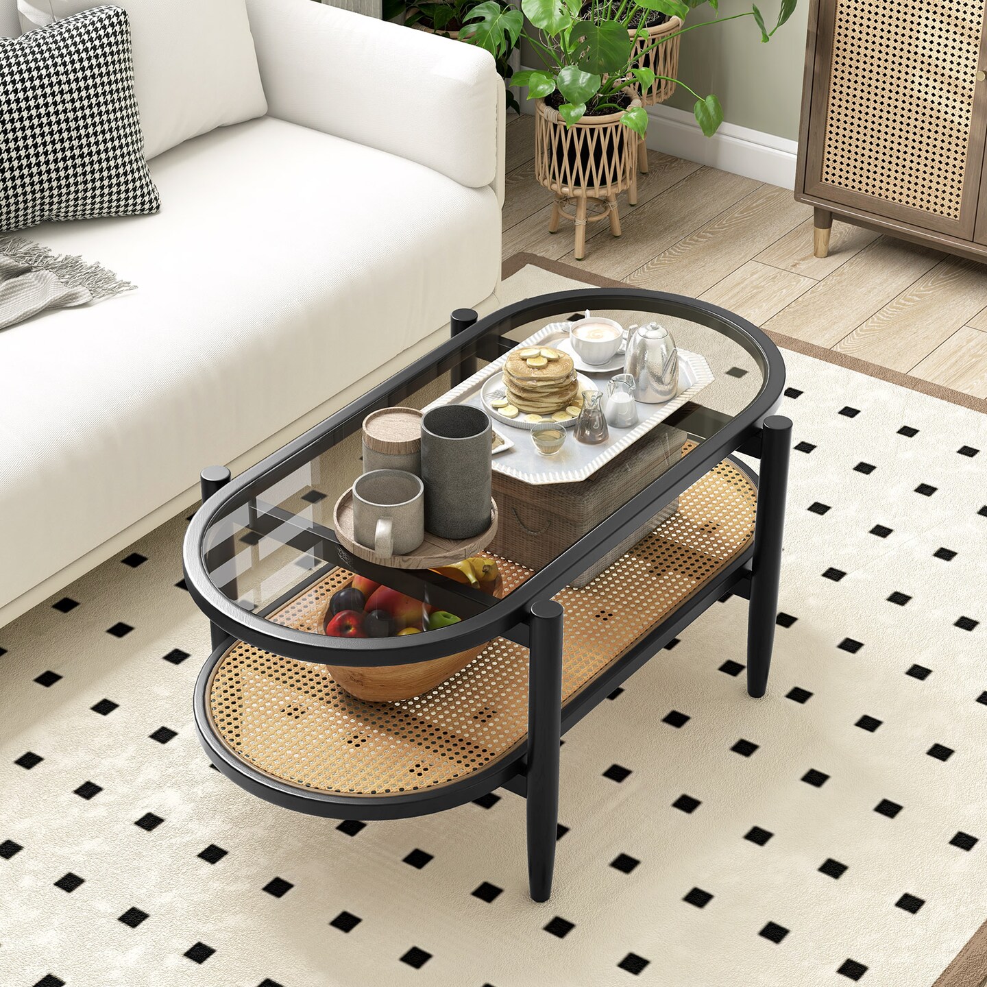 Modern Coffee Table with Glass Top and Solid Acacia Wood 2 Tier Design