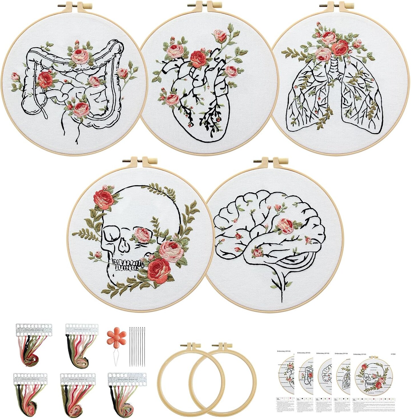 Skull & Anatomy Embroidery Kit for Beginners – 5 Floral Stamped Patterns with Hoops, Needles, and Threads – DIY Needlepoint Set for Adults, Doctors & Nurses