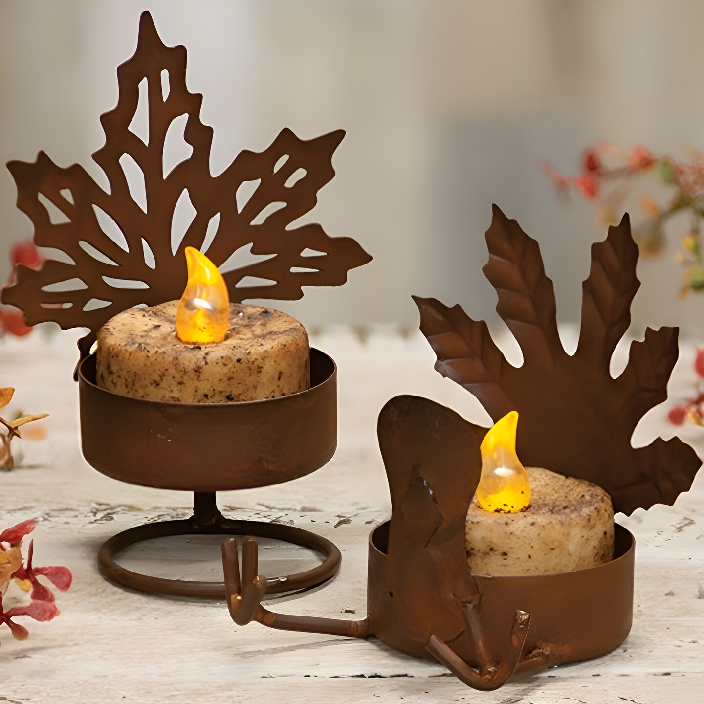 Rustic Brown Metal Tealight Holder, Leaf Design and Fall Decor