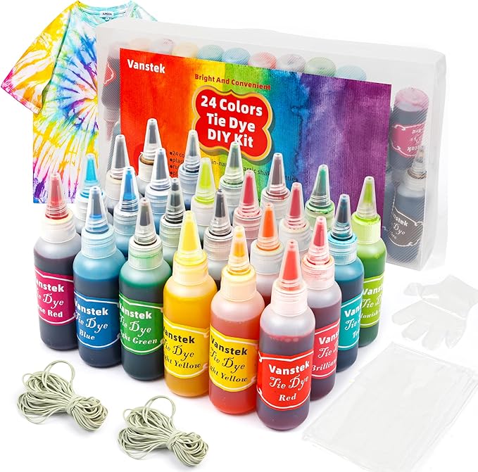 Tie Dye Kit, 24 Colors Tie Dye Shirt DIY Fabric Dye for Women, Kids, Men, with Rubber Bands, Gloves, Plastic Film and Table Covers for Family Friends Group Party Supplies