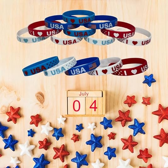 40pc 4th of July Accessories Rubber Bracelets, American Flag Silicon Bracelet,Red White and Blue USA Accessories, Patriotic Party Favor for Veterans Day, Independence Day Gift, Memorial Day Wristband