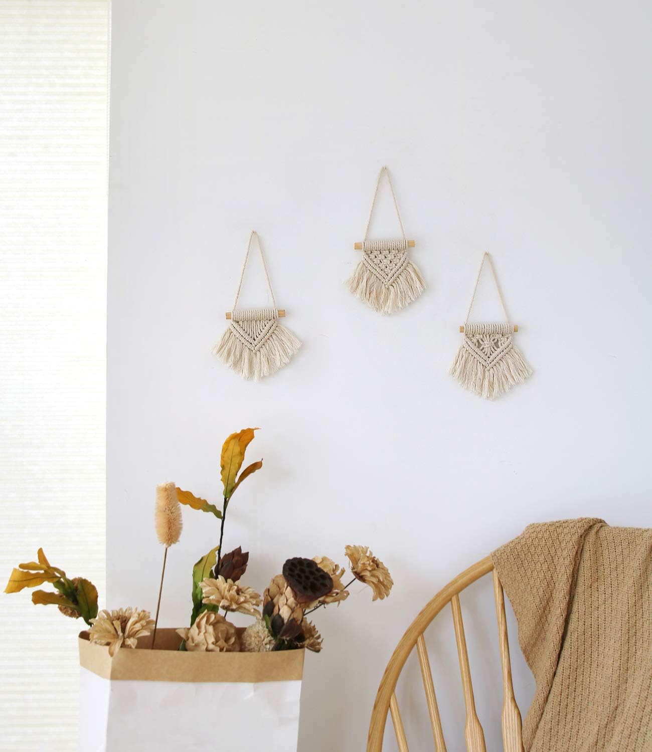 Macrame Wall Hanging Set of 3 Cute Boho Christmas Tree Decoration Car Ornaments Woven Art Decor for Nursery Bathroom Bedroom Living Room Dorm Home Idea
