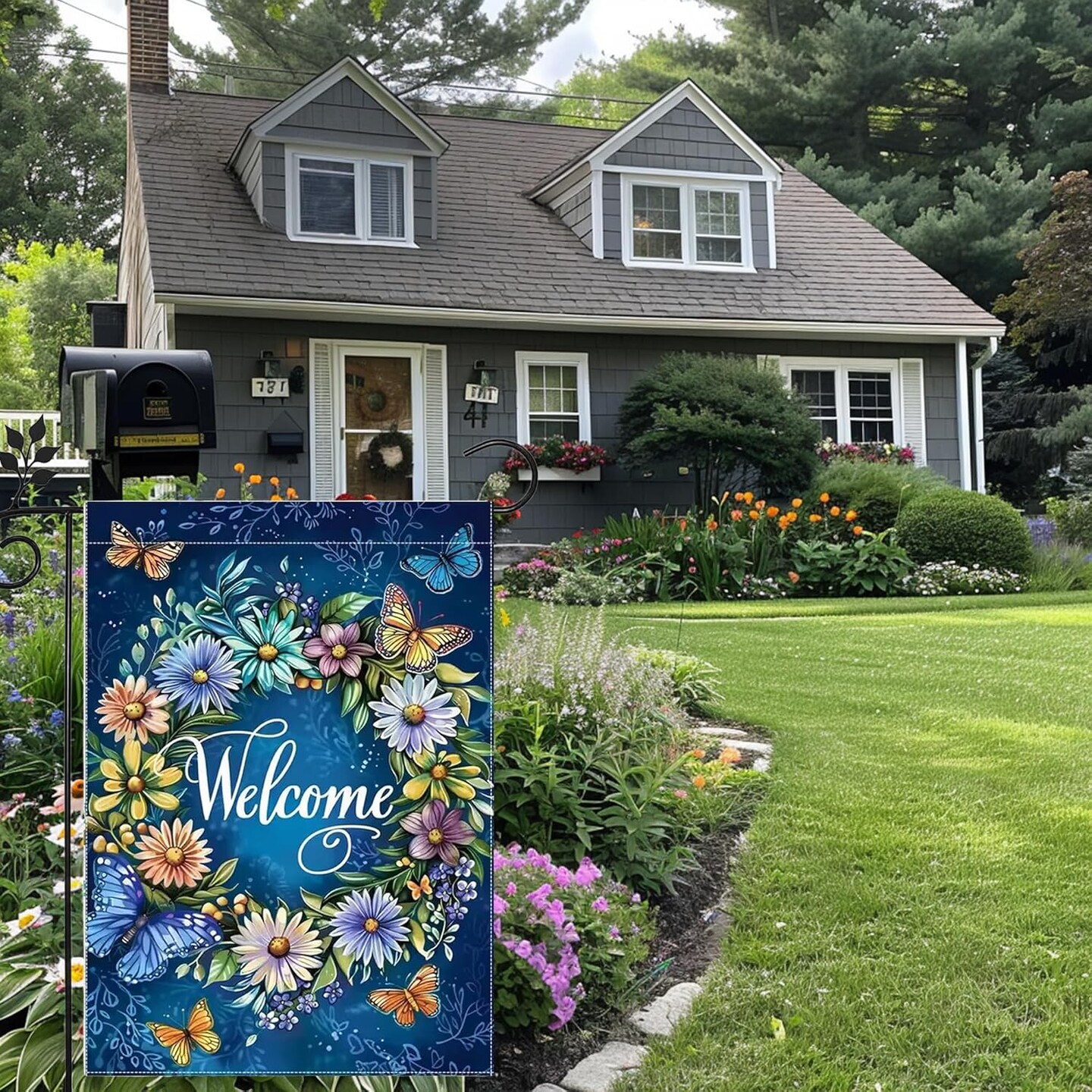 Welcome Spring Summer Garden Flag 12x18 Inch Double Sided, Burlap Blue Wreath Floral Butterfly Yard Outdoor Flags