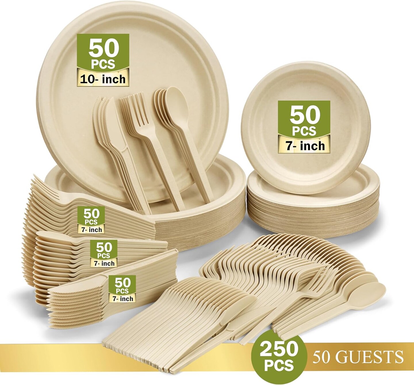 250 Piece Compostable Dinnerware Set for 50 Guests – Biodegradable Paper Plates, Eco-Friendly Disposable Utensils, Includes Paper Plates, Forks, Knives, Spoons, Brown