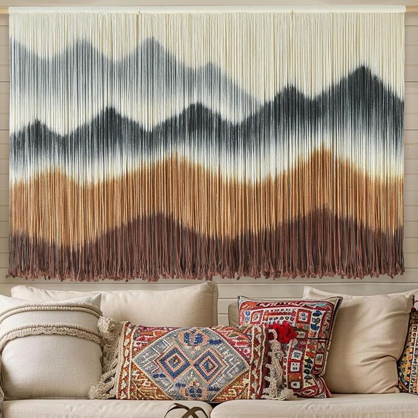 Macrame Wall Hanging Mountain-Inspired Dip-Dyed Wall Art, Modern Handmade Fiber Decor, Boho Wall Hanging for Living Room, Bedroom, or Office, 57" W x 35" L