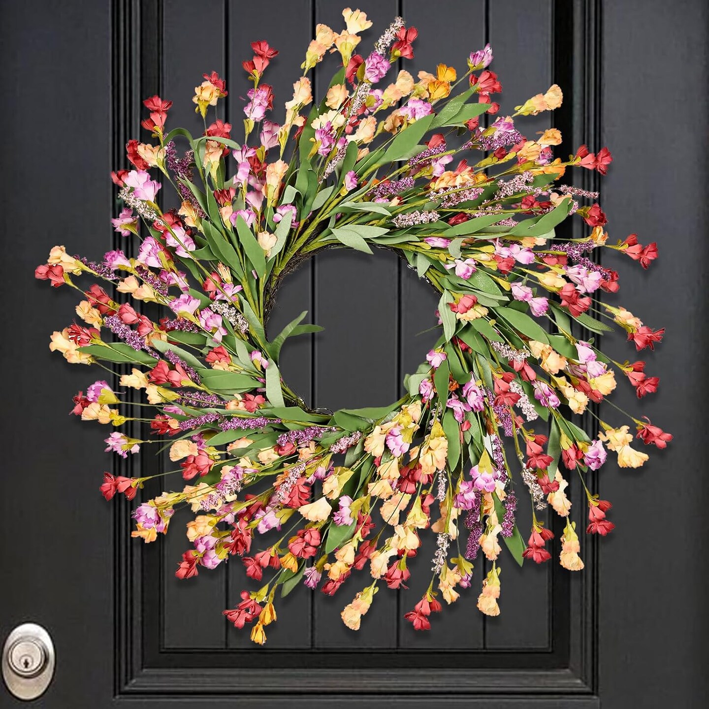 24&#x22; Spring Wreaths for Front Door Not Withering Artificial Floral Wreath with Wildflowers Summer Decorations for Indoor Outdoor Window Wall Farmhouse Porch Easter Home Decor Red Orange Purple